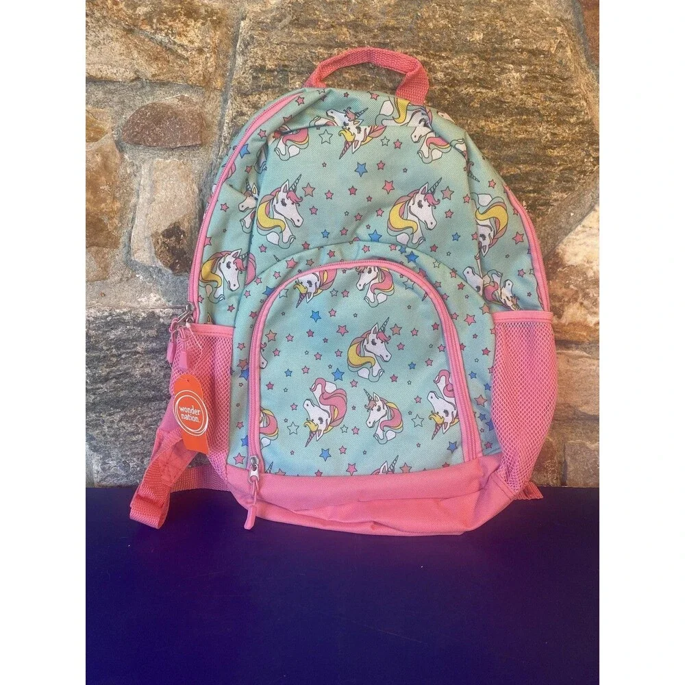 Wonder Nation Kids Unicorn Backpack Aqua Pink Stars School Bag Travel Girls New